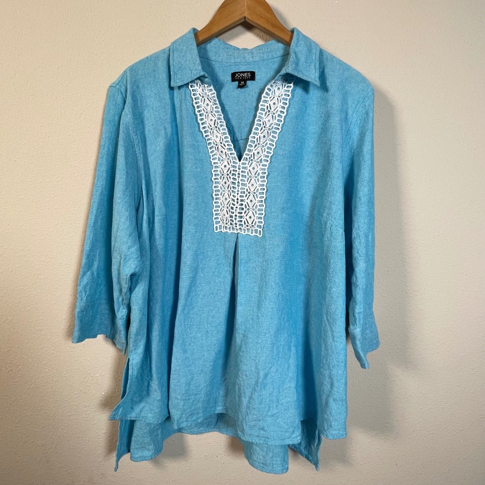 Jones New York Tunic Women 3X Blue Linen Blend Crochet Lace Split Neck Blouse